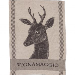 Customized linen tea towel with jacquard woven image of a deer and Vignamaggio logo