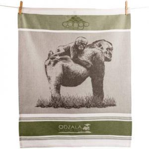 Customized tea towel with green lines framing a gray scaled image of a gorilla with a child on her back