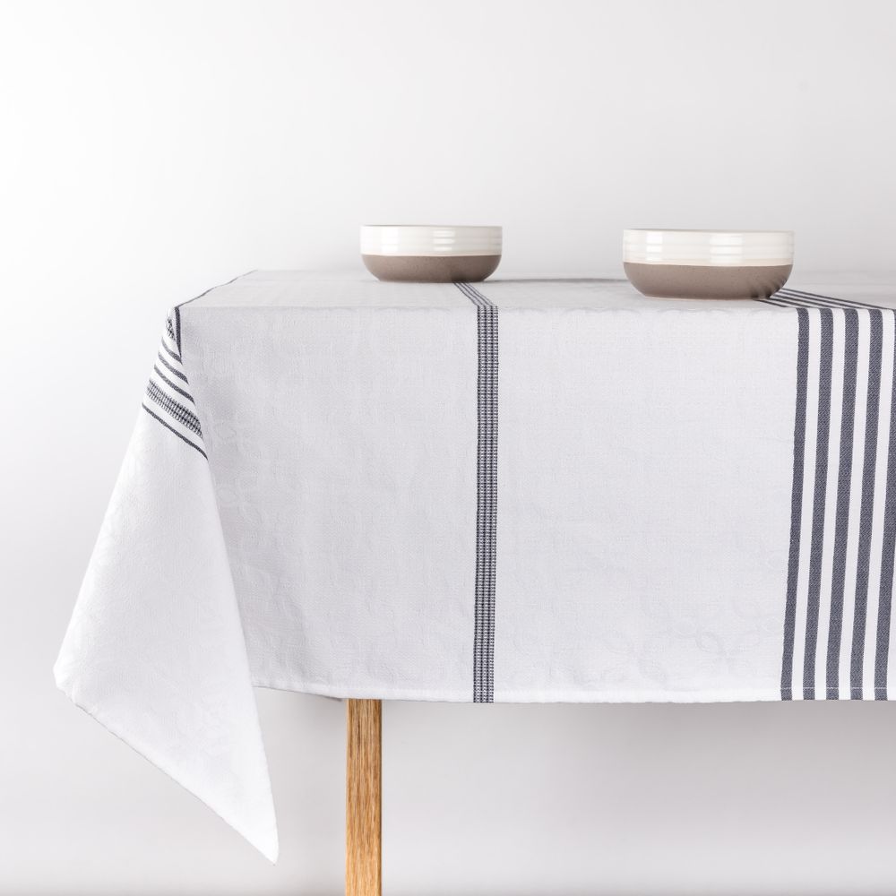 Custom size Jacquard woven cotton tablecloth with navy stripes and African designs