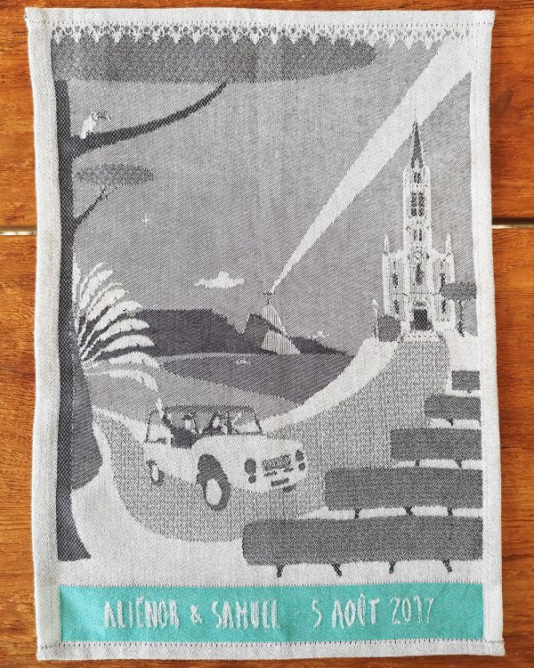 Personalized jacquard woven linen tea towel with wedding motif