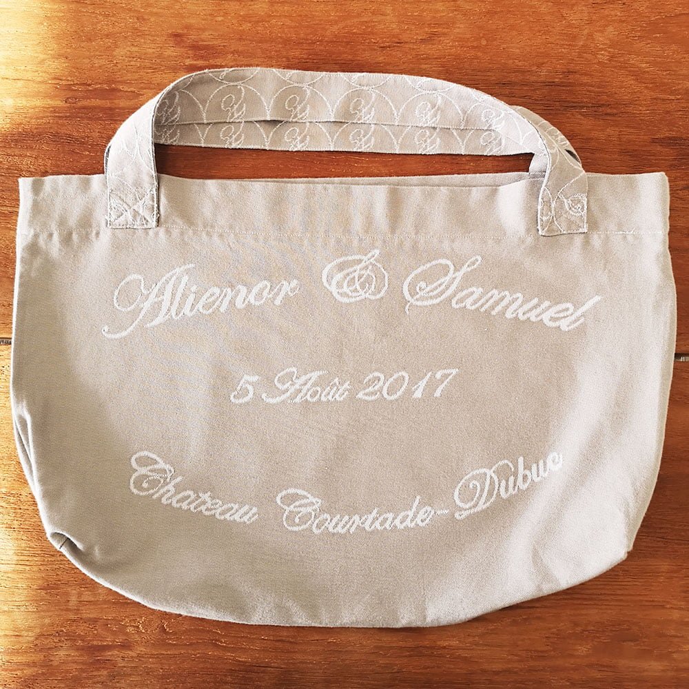 personalized jacquard woven cotton tote bag for wedding favors with bride and groom's names and date